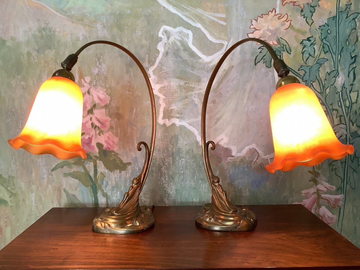 Pair Of Art Nouveau Lamps Signed Daum Nancy, 1900s France, Height 38 Cm-photo-2